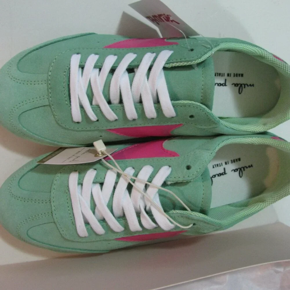 * Mila Paoli Leather Sneaker 7 1/2 8 NWT $70 Mint Green & Pink Lace Up Shoe - Picture 2 of 7